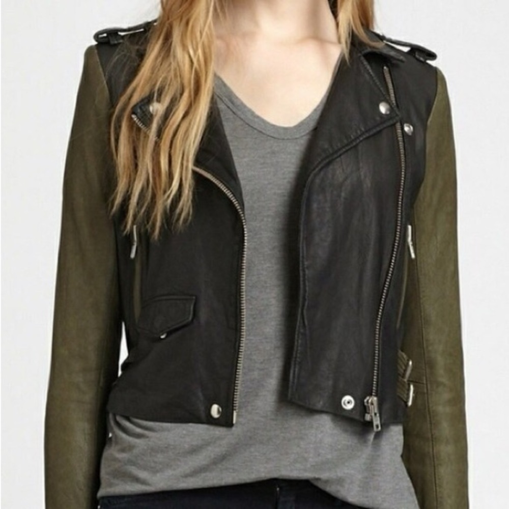 Iro Asheville Leather Moto Jacket - Black & Olive - Picture 2 of 6